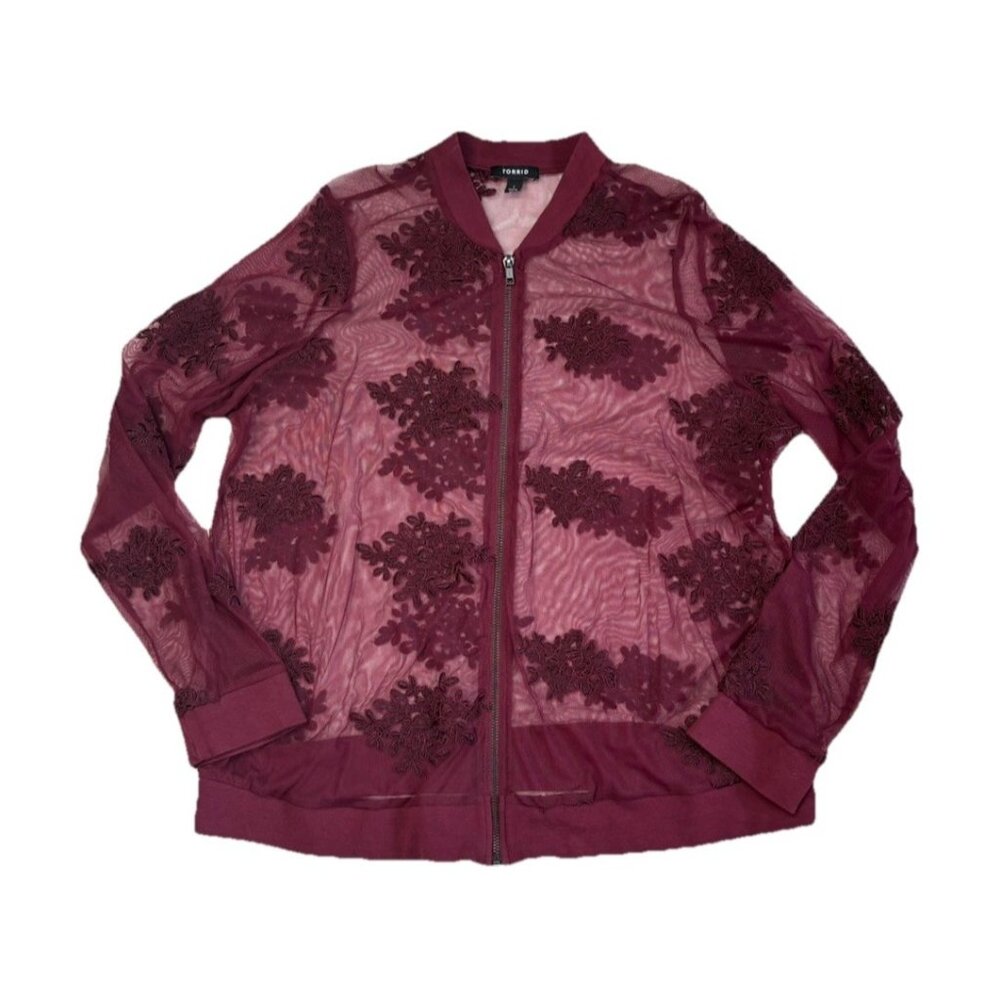 *Torrid Sheer Floral Zip Up Jacket Womens Size 1 Burgundy Long Slv Romantic Top